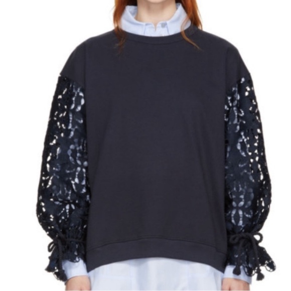 See by Chloe Navy Broderie Anglaise Sweatshirt Ultramarine Navy Blue Small - Picture 2 of 9